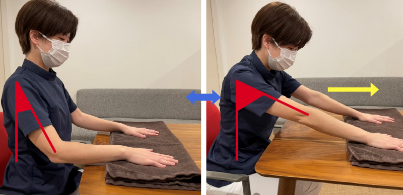 椅子に座り、両腕を肩幅に広げ、両手のひらをテーブルに置きます。