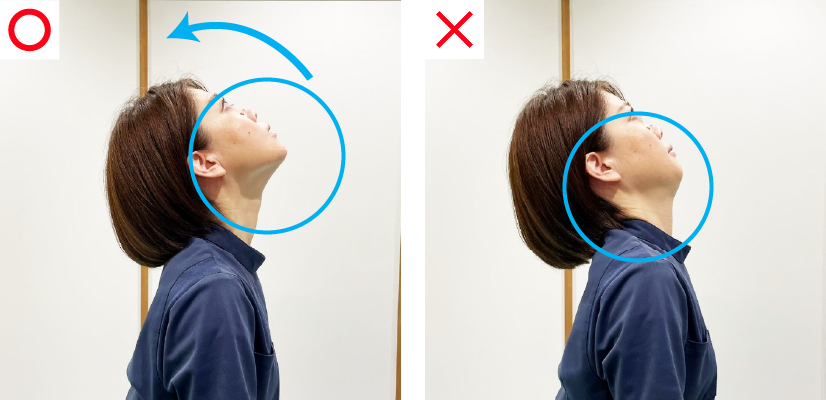 正面を向いた状態から痛みの出ない範囲でゆっくり上を向き、ゆっくり元の位置に戻します。この時、あごの先を上に向けるように動かします。あごを引いたまま上を向くと首に負担が大きくかかりますので、注意してください。