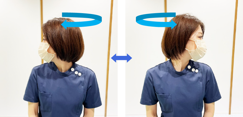 正面を向いた状態から、痛みの出ない範囲でゆっくり首を回して右を向き、ゆっくりと元の位置に戻します。次に痛みの出ない範囲でゆっくり首を回して左を向き、ゆっくりと元の位置に戻します。