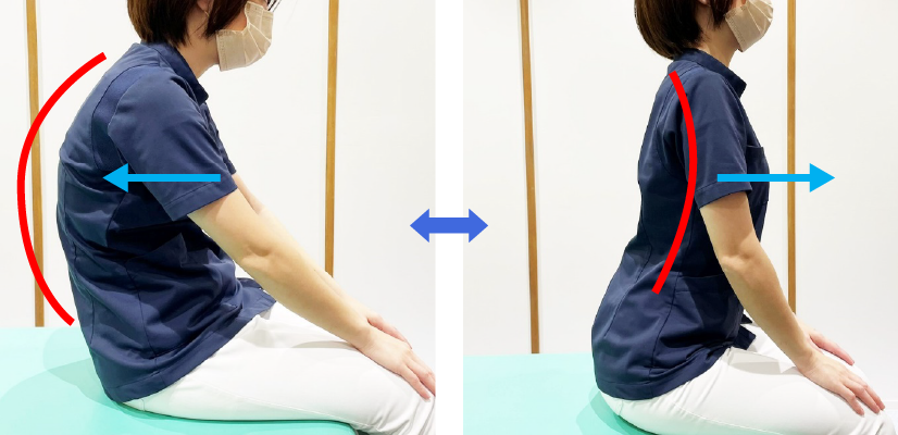 痛みの出ない範囲でみぞおちを後ろに引くように背中を丸めます。次に痛みの出ない範囲でみぞおちを前に出すように元の位置に戻します。