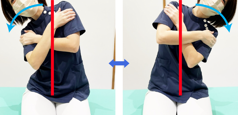正面を向いた状態から、痛みの出ない範囲でゆっくり体を右に倒していき、ゆっくりと元の位置に戻します。次に痛みの出ない範囲でゆっくり体を左に倒していき、ゆっくりと元の位置に戻します。