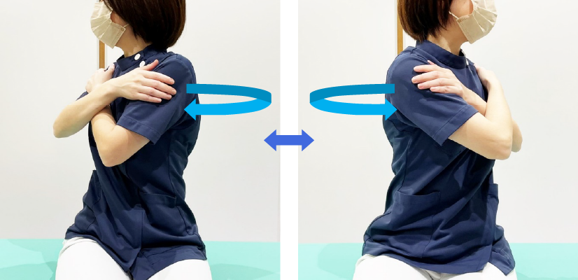 骨盤は動かさずに、体を痛みの出ない範囲でゆっくり右にひねり、ゆっくりと元の位置に戻します。次に体を痛みのない範囲でゆっくり左にひねり、ゆっくりと元の位置に戻します。
