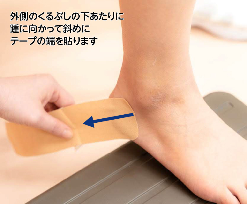 外側のくるぶしの下あたりに踵に向かって斜めにテープの端を貼ります