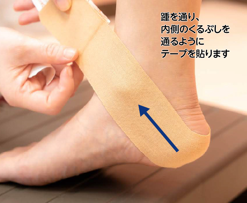 踵を通り、内側のくるぶしを通るようにテープを貼ります
