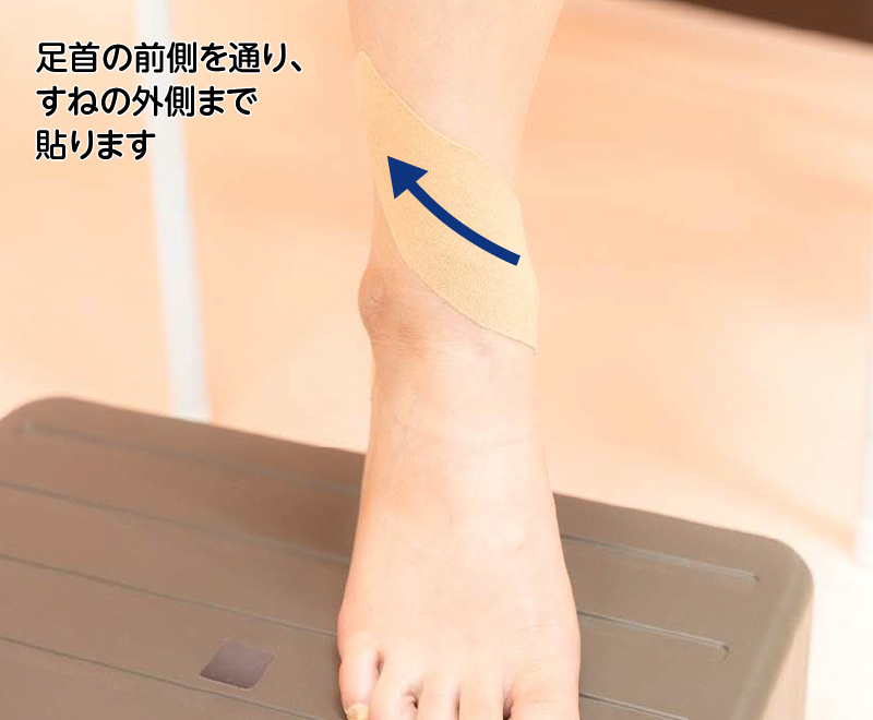 足首の前側を通り、すねの外側まで貼ります