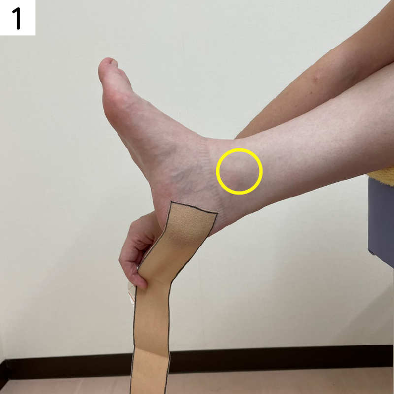 内側のくるぶし（黄色の丸部分）の少し下から、踵の内側に向かって斜めになるように貼ります。