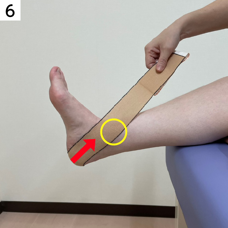 踵を通って、内側のくるぶし（黄色の丸部分）に向かって貼ります。
そのまま、足首の前側を通るようにすねの外側に向かって貼ります。