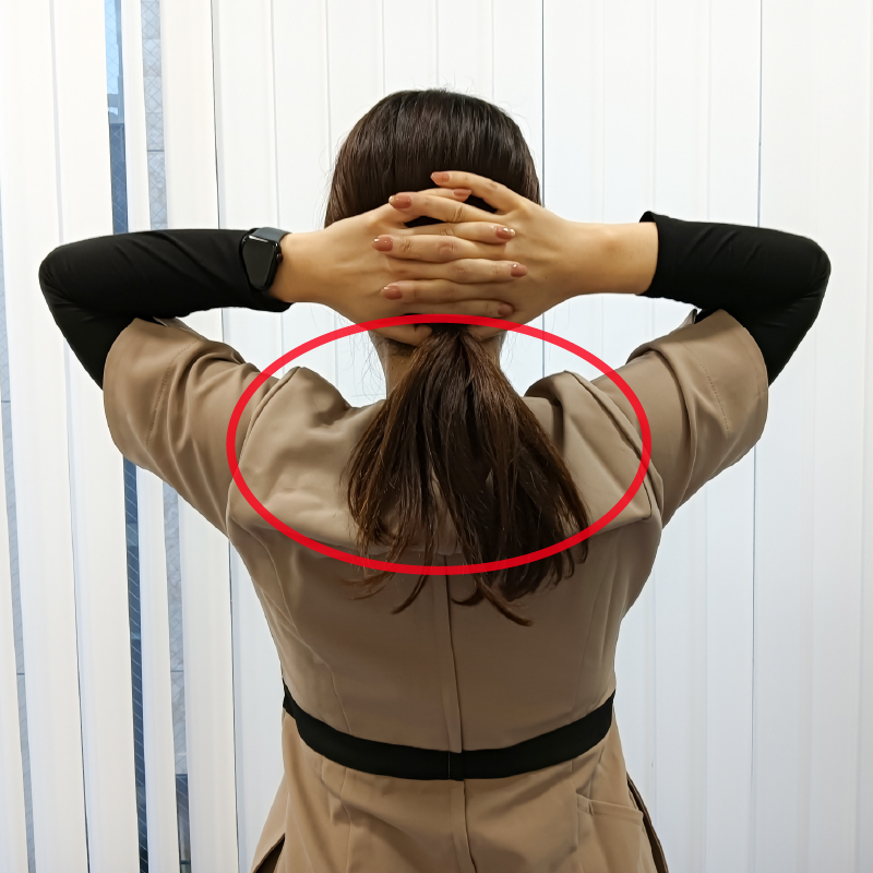 椅子に座った状態で、両手を頭の後ろに組みます。