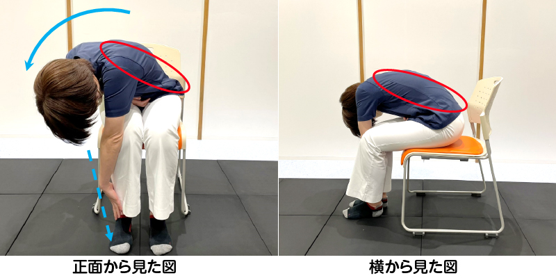 膝に置いた手をゆっくりとふくらはぎの外側に伸ばすように体を斜め前に倒していきます。
