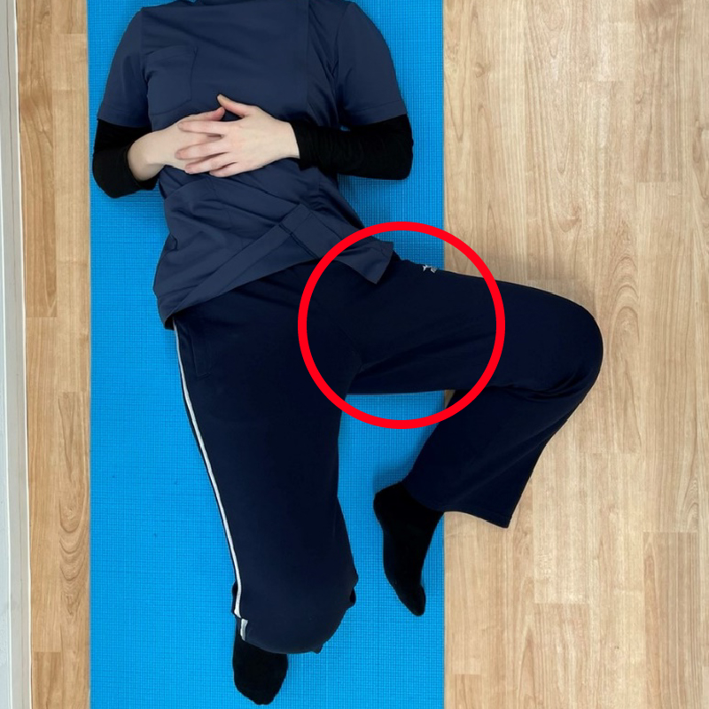 片脚ずつ膝を外側に倒すようにゆっくりと股関節を開きます。動く範囲まで倒した後はゆっくりと膝を閉じていきます。反対側も同じように行います。左右10回ずつ行います。